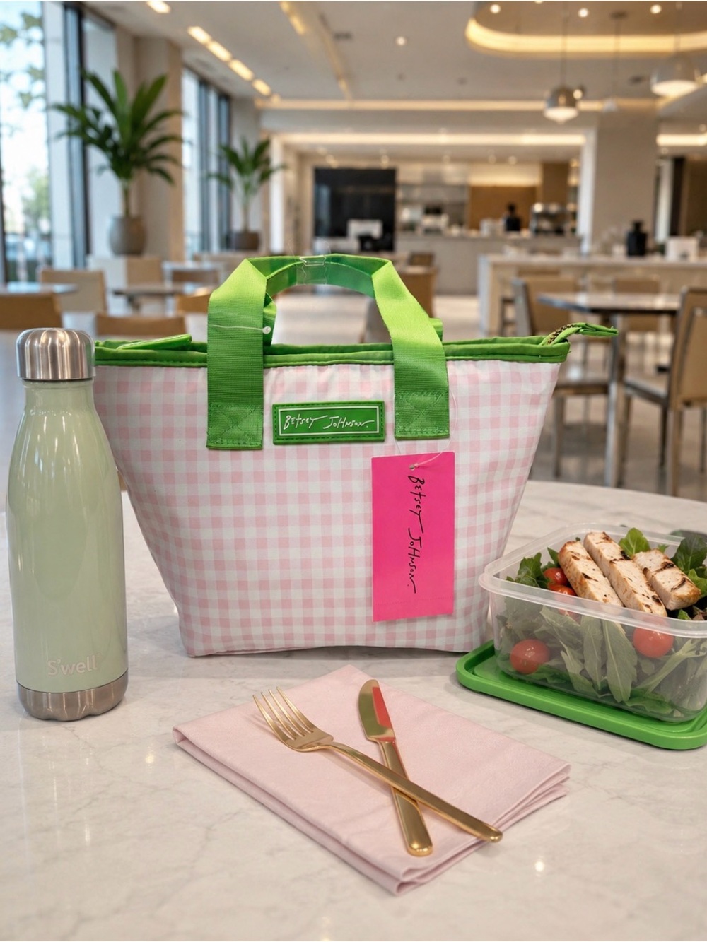 Betsey Johnson Pink Gingham Lunch Tote with Bright Green Trim -NWT